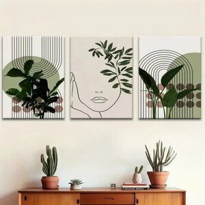3pc Abstract Line Art Wall Decor | 12"x18" Green Plant Boho Prints | Framed Canv
